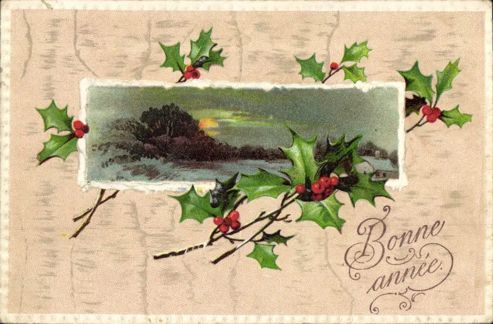 Winterlandschaft — Tannenblatt-Dekoration — unbekannter Verlag, Seriennummer nicht sichtbar - Vorderseite