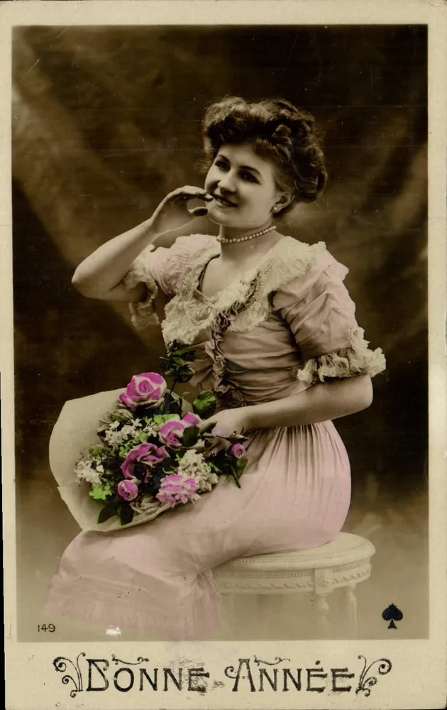 Junge Frau in einem rosa Kleid mit einem Blumenstrauß — 'DONNE ANNÉE' — anonymer Verleger, Nr. 149 - Vorderseite