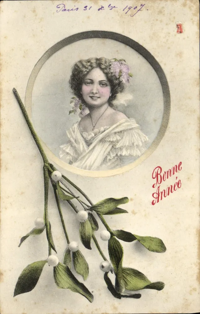 Frau mit Efeu — Frohe Neujahr 1907 — A.S. Berlie 359 - Vorderseite
