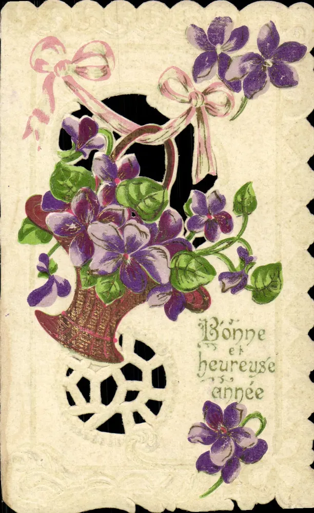 Violets in einem Korb — Frohe und glückliche Jahreszeit — Grußkarte - Vorderseite