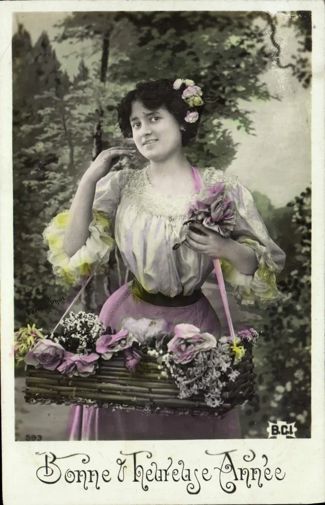 Frau mit Blumenkorb — Frohes Neues Jahr — B.C.I. n° 593 - Vorderseite