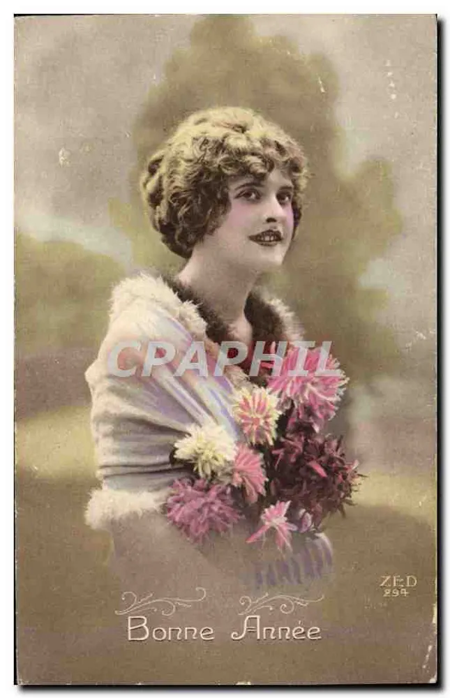 Frau in Pelz mit Blumenbouquet — Frohe Neujahr 1924 — ZED 294 - Vorderseite