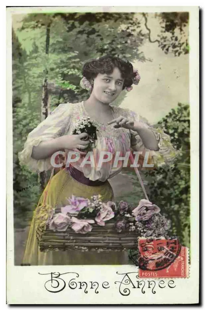 Frau mit Blumenkorb — Frohe Neujahr — Barron Photo - Vorderseite