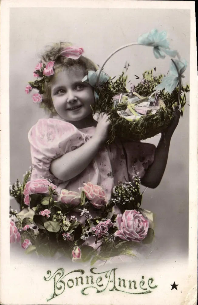 Mädchen mit Blumenkorb — Frohe Neujahr — VBC-Serie Nr. 3508 - Vorderseite
