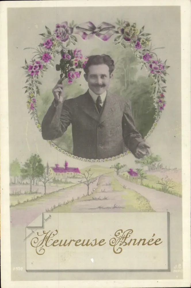 Lächelnder Mann in Blumenrahmen — Frohes Neues Jahr — J.C. Paris n°2552 - Vorderseite