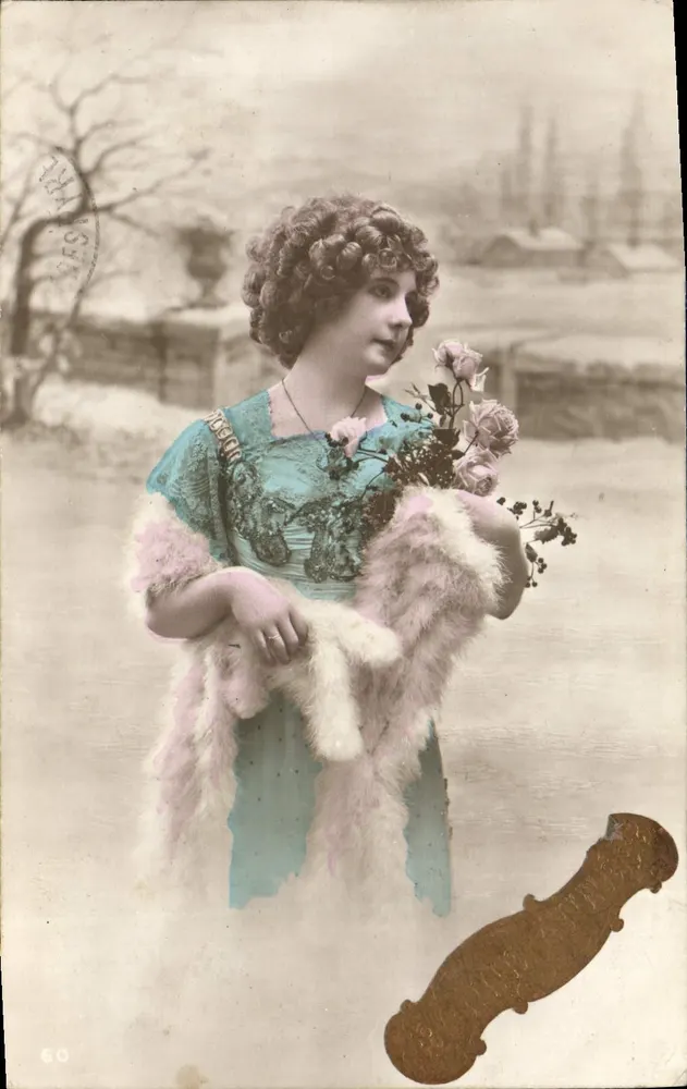 Junge Frau in einem blauen Kleid mit einem Rosenstrauß in der Hand — Verlag J. Bousquet, Nr. 60 - Vorderseite