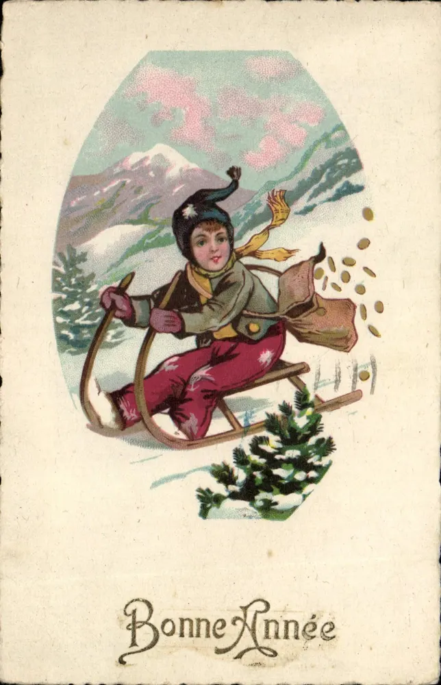 Kind im Schlitten — Weihnachtskartenmotiv — CCM - Vorderseite
