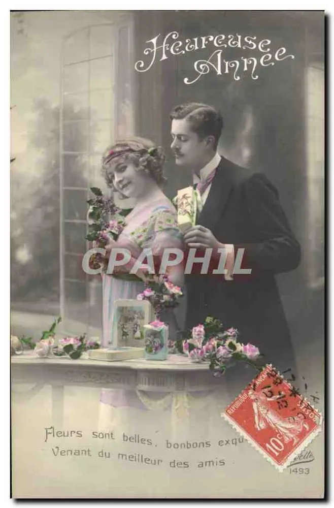 Couple au bord d'une table fleurie — scène de vœux — éditeur : S. S. BRESSON, n° 1493 - Vorderseite