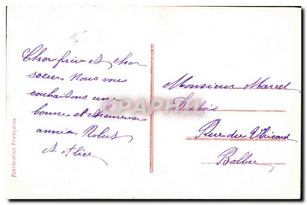 Ansichtskarte ohne Bild — handschriftliche Nachricht — französische Herstellung - Rückseite