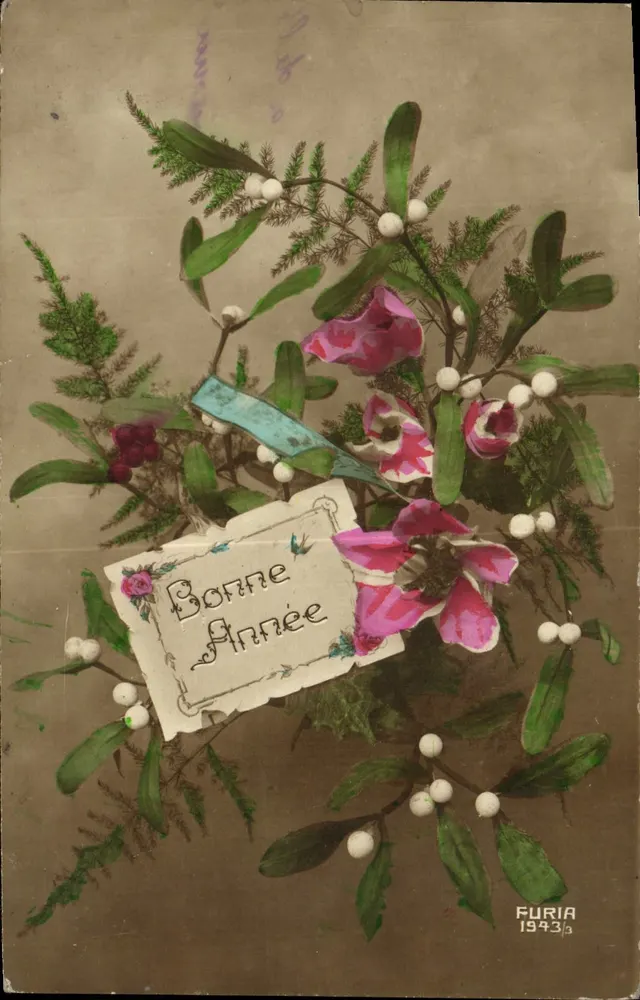 Arranjo de flores e bagas — Boas Festas — FURIA 1943 - Frente
