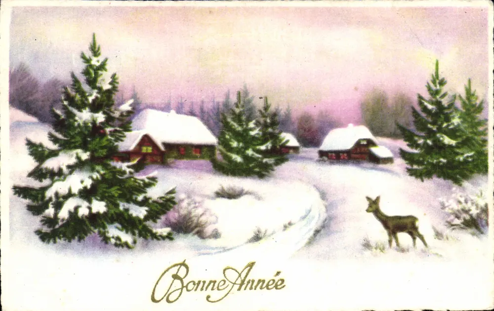 Winterlandschaft mit Hirsch — Frohe Neujahr — unbekannter Verleger, Seriennummer 1059 - Vorderseite