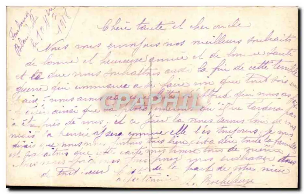 Frau in einem lilafarbenen Kleid, das einen Blumenstrauß und einen Fuchsfellschal hält — Frohe Neujahr — n°6060 - Rückseite