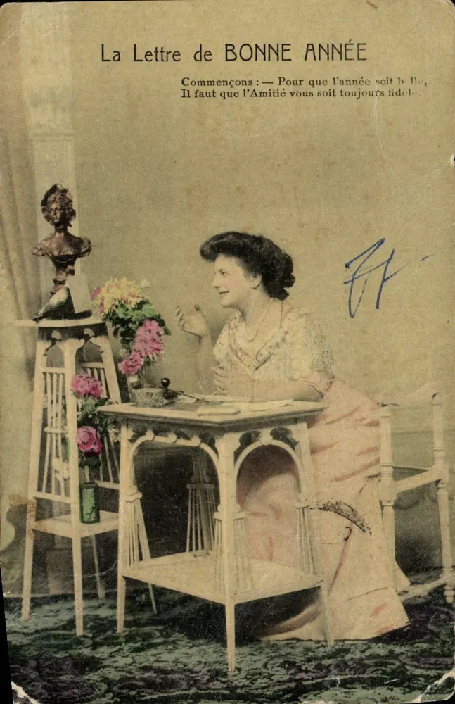Femme à la table — scène de vœux de bonne année — éditeur S. 9007, Édition G. - Vorderseite