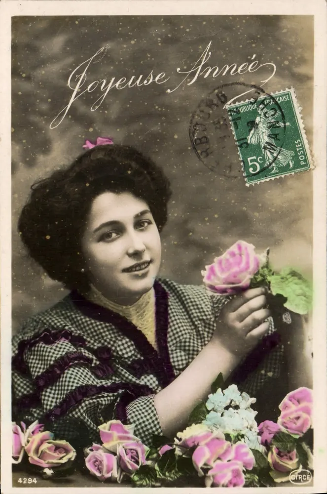 Junge Frau mit Rosen — Frohe Neujahr — Verlag STIRCE, Nr. 4294 - Vorderseite