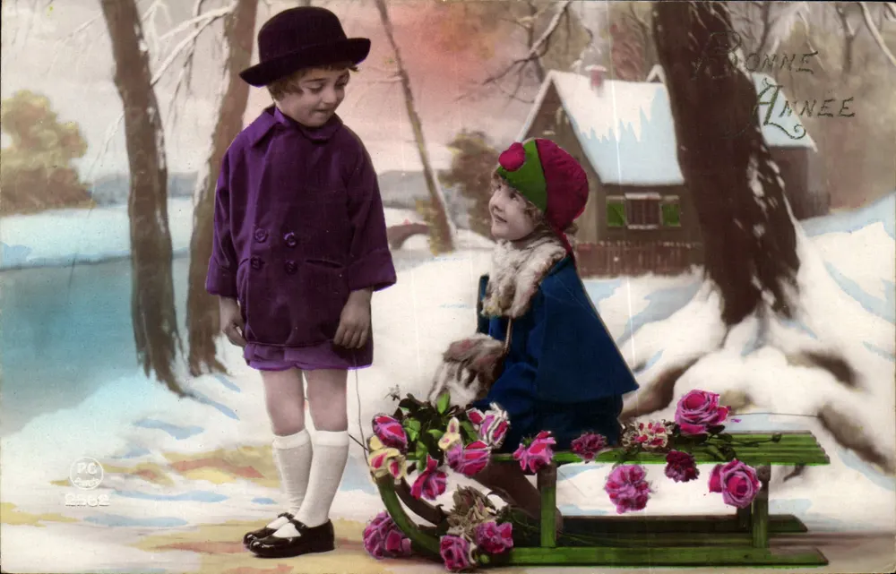 Kinder in der Schneelandschaft — mit einer Rosen-Schlitten — Verlag PC, Nr. 2562 - Vorderseite