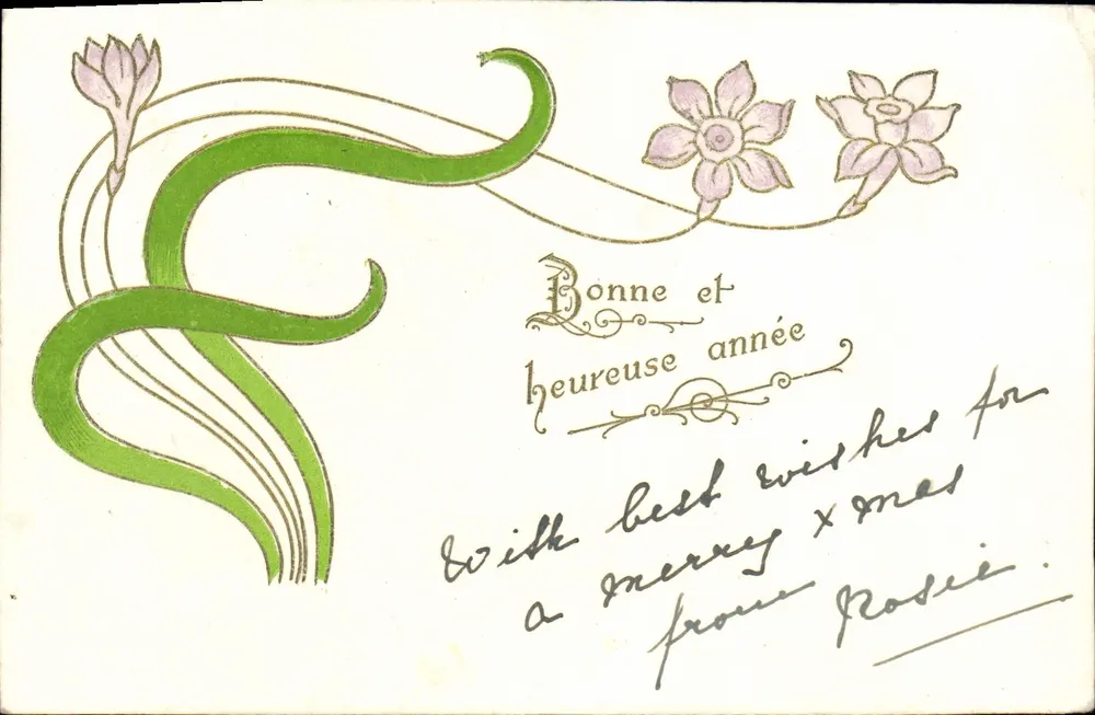 Carta de boas-vindas com narcisos — texto bilingue francês/inglês — editor União Postal Universal - Frente