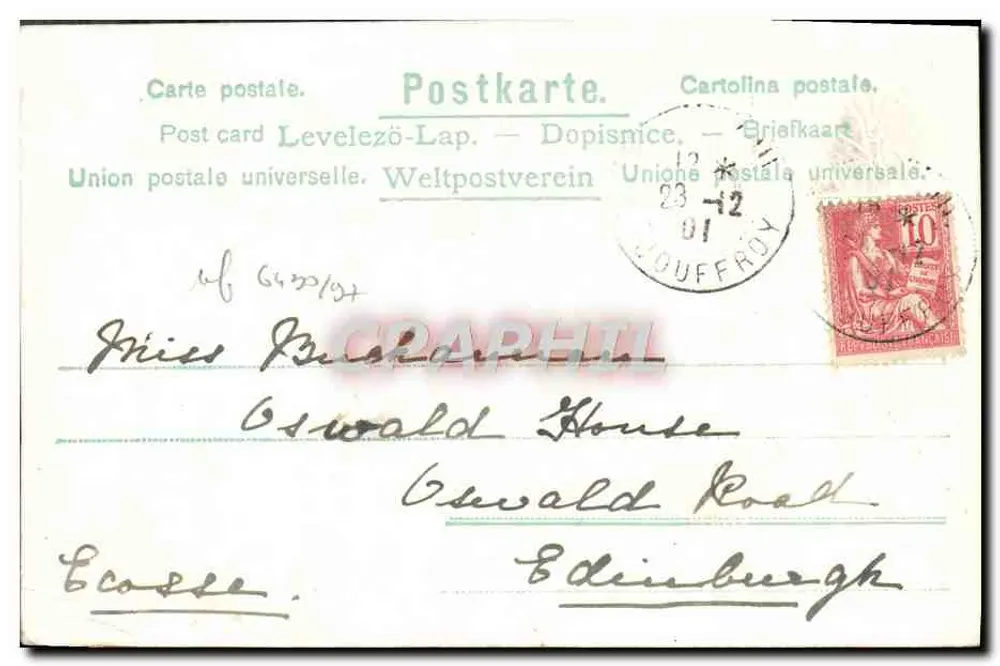 Carta de boas-vindas com narcisos — texto bilingue francês/inglês — editor União Postal Universal - Verso