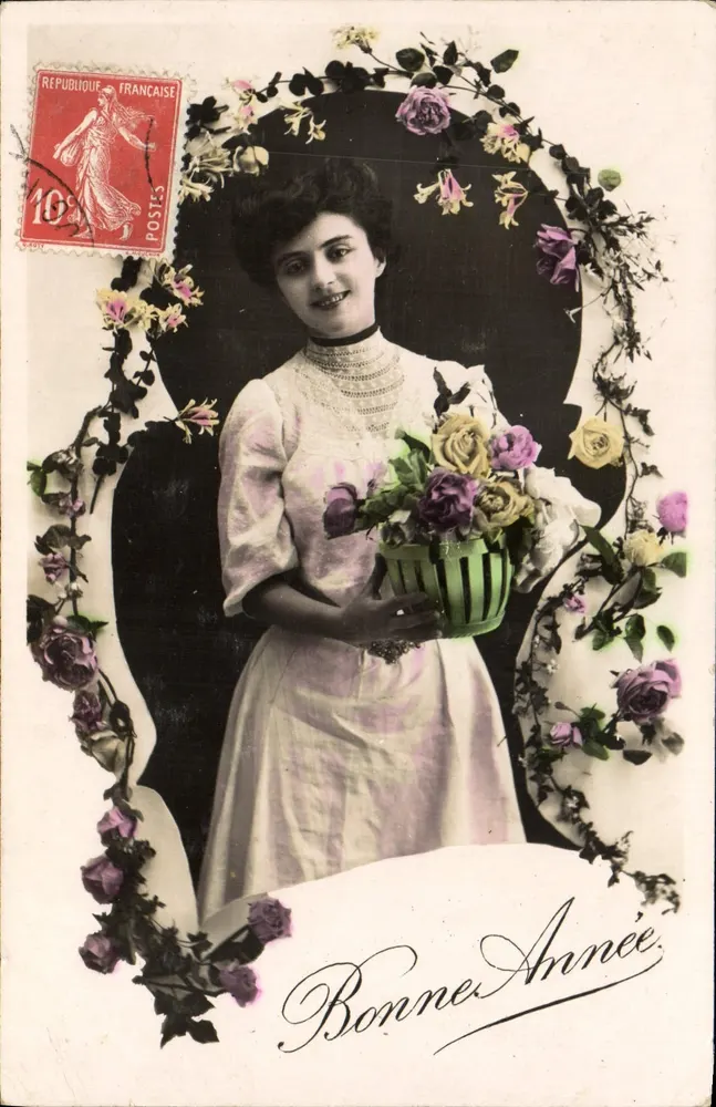 Jeune femme tenant un panier de fleurs — Bonne Année — éditeur anonyme, n° de série non visible - Vorderseite