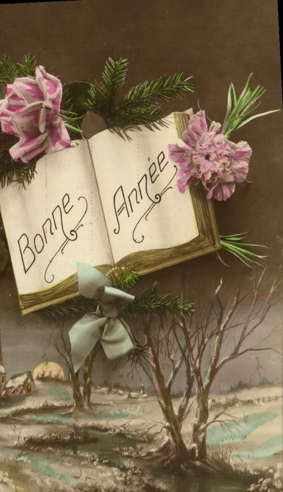 Frohe Weihnachten — Buch mit Blumen und Zweigen — Verlag nicht sichtbar - Vorderseite