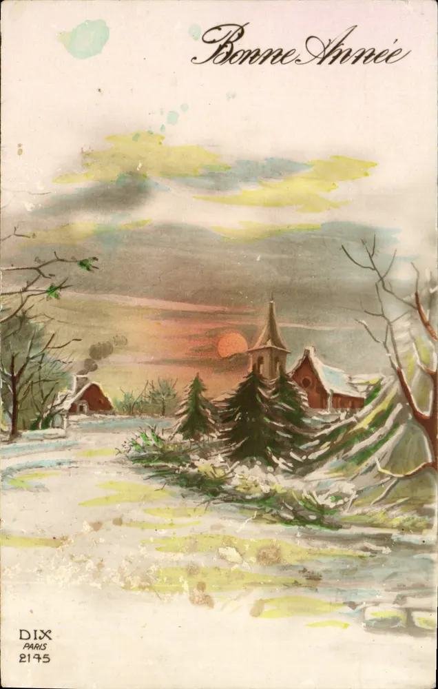Winterlandschaft mit Kirche — Frohe Neujahr — Dix, Paris, n° 2145 - Vorderseite