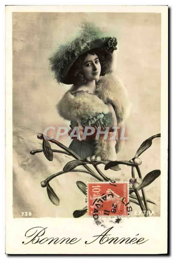 Frau in Hut mit Federn und Fell — Frohe Neujahr — Verlag EXTRA, Nr. 738 - Vorderseite
