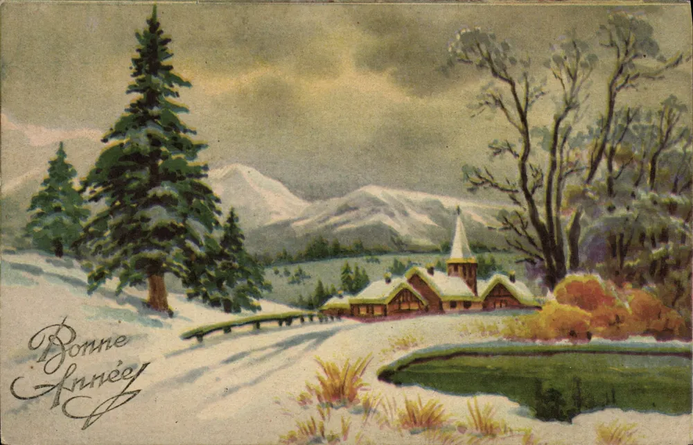 Winterlandschaft — Schneegestrandetes Dorf mit Kirche — In Frankreich gedruckt - Vorderseite