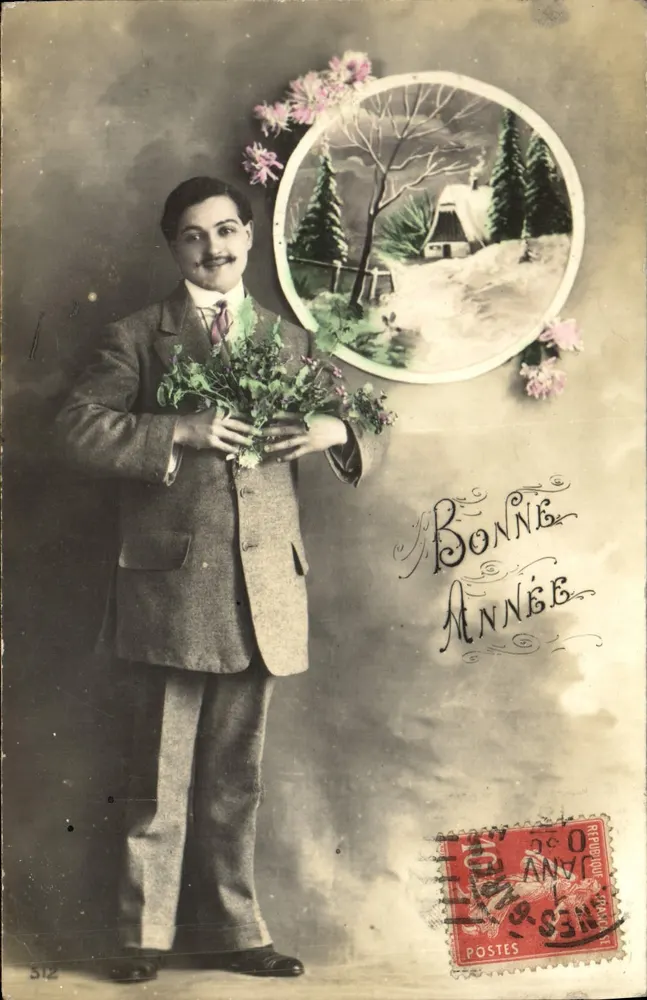 Mann in Anzug mit Blumenstrauß — Frohe Neujahr — anonymer Verlag, Nr. 512 - Vorderseite