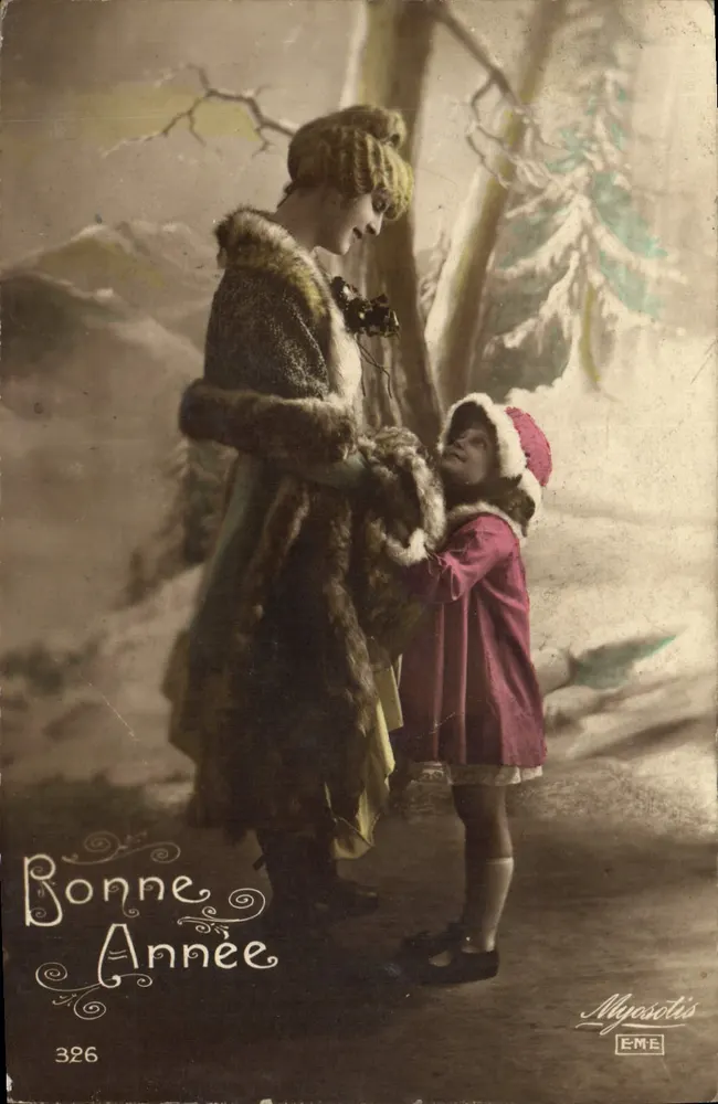 Frau und Kind in einem winterlichen Landschaftsbild — Frohe Weihnachten — Myosotis EME n°326 - Vorderseite