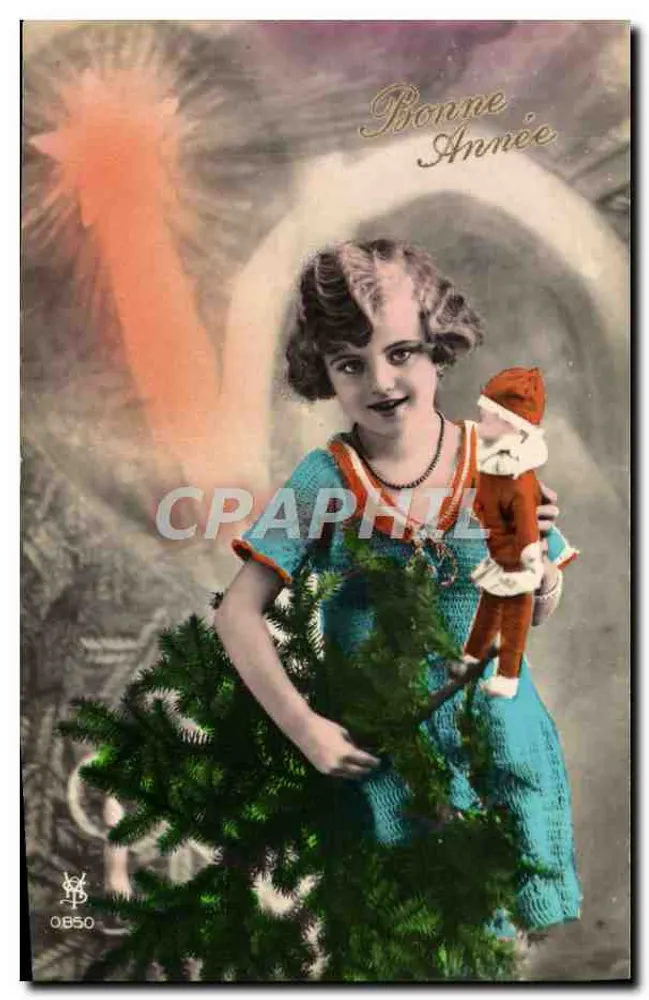 Mädchen mit Weihnachtsbaum und Plüsch-Sankt Nikolaus — Frohe Weihnachten — Verleger YS, Nr. 0850 - Vorderseite