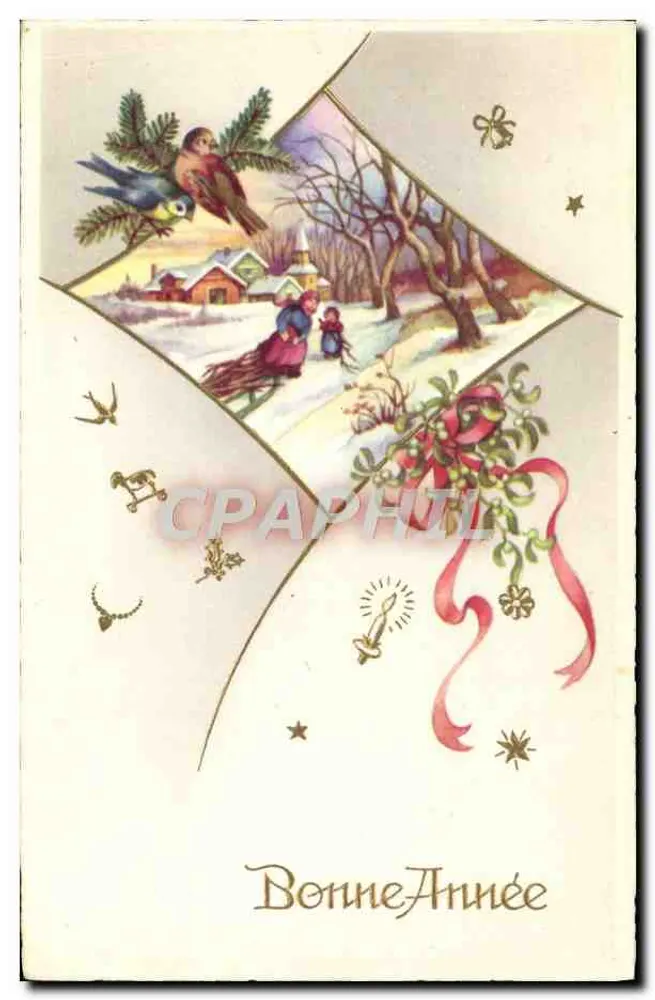 Escena invernal con niños jugando — Feliz Año — Serie N°4805, editor M.D. - Anverso
