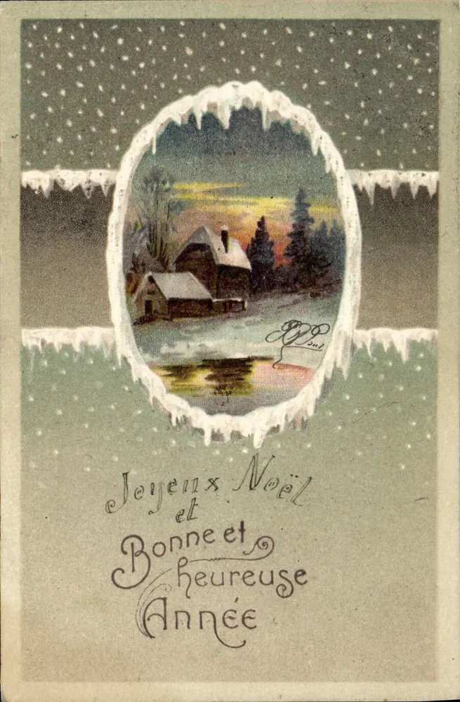 Schneeverwehender Weihnachtsbaum — Ansicht eines Hauses in einem Rahmen aus Eis — Verlag P.P. Pont, Seriennummer nicht sichtbar - Vorderseite
