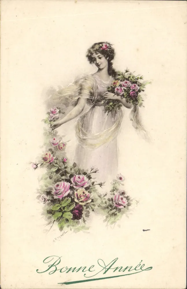 Frau in weißem Kleid mit Rosenstrauß — Frohes Neues Jahr — Luxotypie Nr. 4, A. N. Paris - Vorderseite