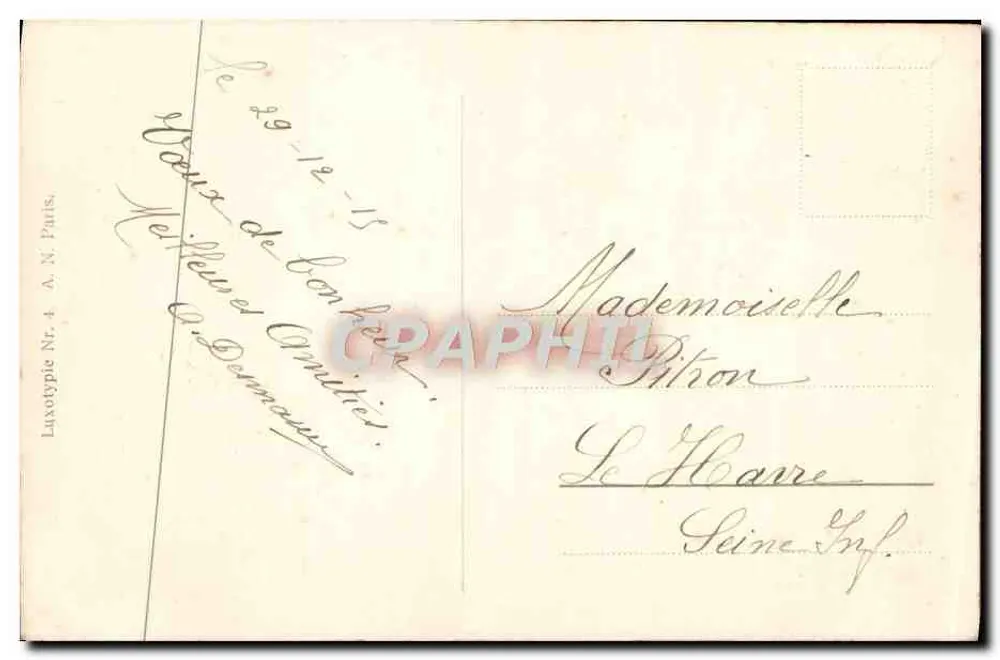 Frau in weißem Kleid mit Rosenstrauß — Frohes Neues Jahr — Luxotypie Nr. 4, A. N. Paris - Rückseite