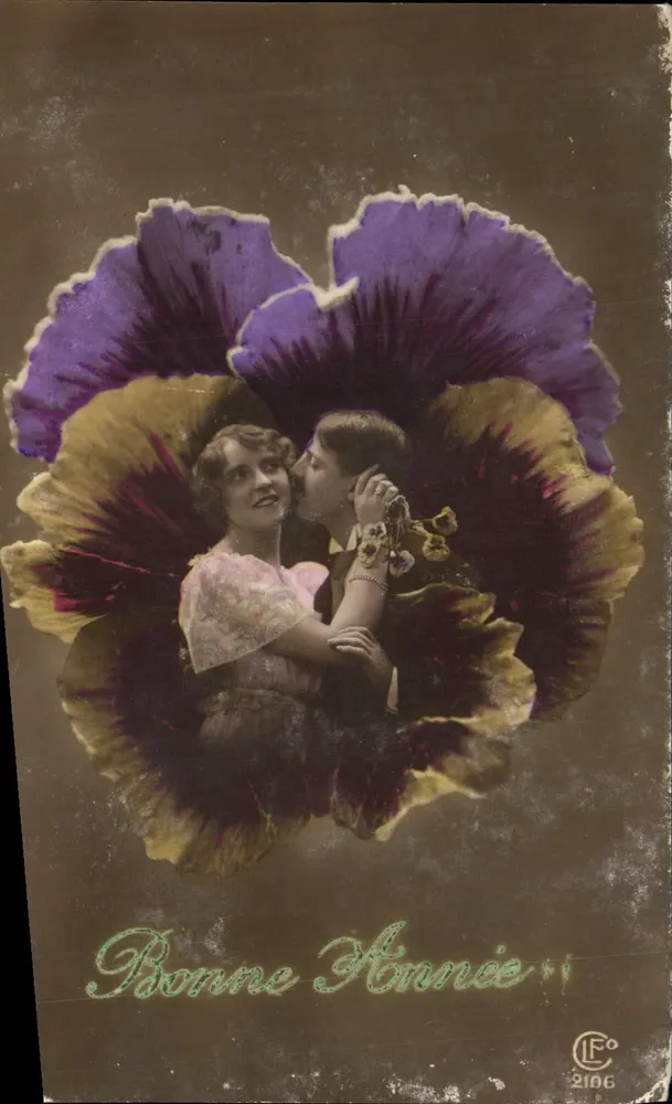 Liebendes Paar — Unter einer violetten Chrysanthemenblüte — Verlag LF° n°2106 - Vorderseite