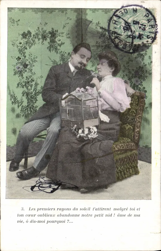 Couple assis avec une cage à oiseaux — scène sentimentale — éditeur non visible, n°3 - Vorderseite