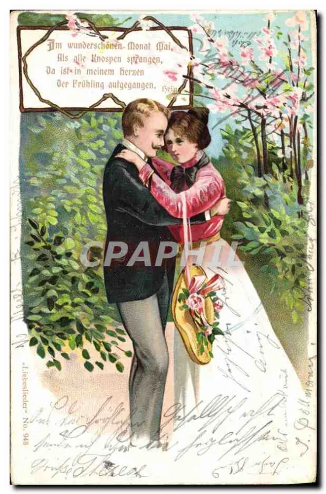 Paar im Garten umarmend — 'Am wunderschönen Monat Mai...' — 'Liebesbrief' Nr. 348 - Vorderseite