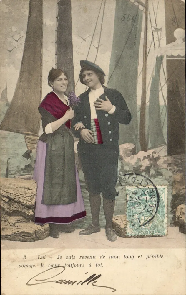 Paar in traditionellem Kleid — Hafenszene — anonymer Verleger, Nr. 584 - Vorderseite