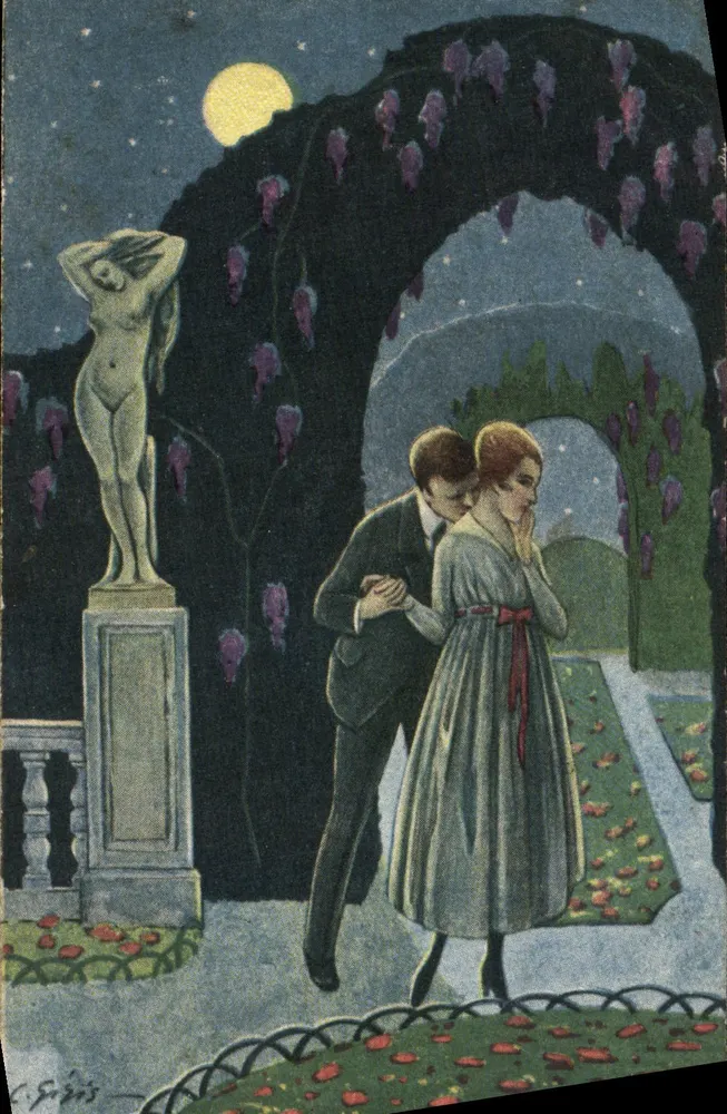 Ein Paar in einem nächtlichen Garten — Zeichnung von C. Erbes — Verlag Viale Riforma, Milano, Nr. 34 - Vorderseite