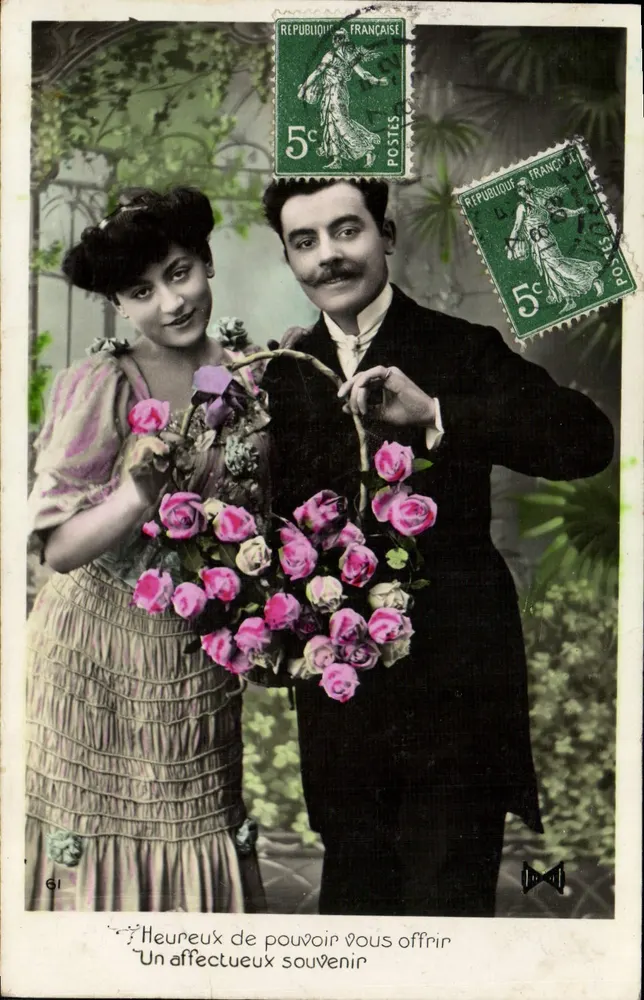 Ein herzliches Andenken — Paar mit Rosenstrauß — Verlag GI - Vorderseite
