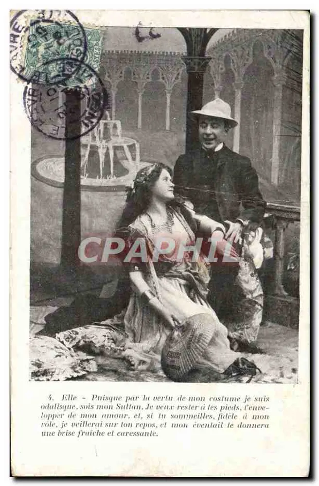 Scène orientaliste — femme assise près d'une fontaine, homme debout — éditeur non visible, n°4 - Vorderseite