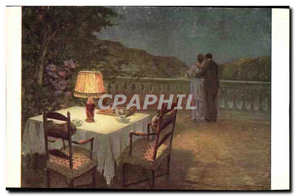 Casal amoroso em um balcão — cena noturna — editor não identificado, n° de série não visível - Frente