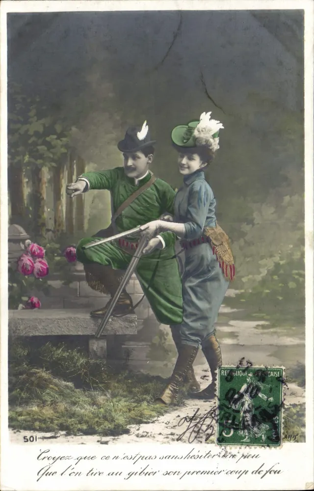 Paare in Jagdoutfit — humorvoller Text — Verleger Artig (Nr. 501) - Vorderseite