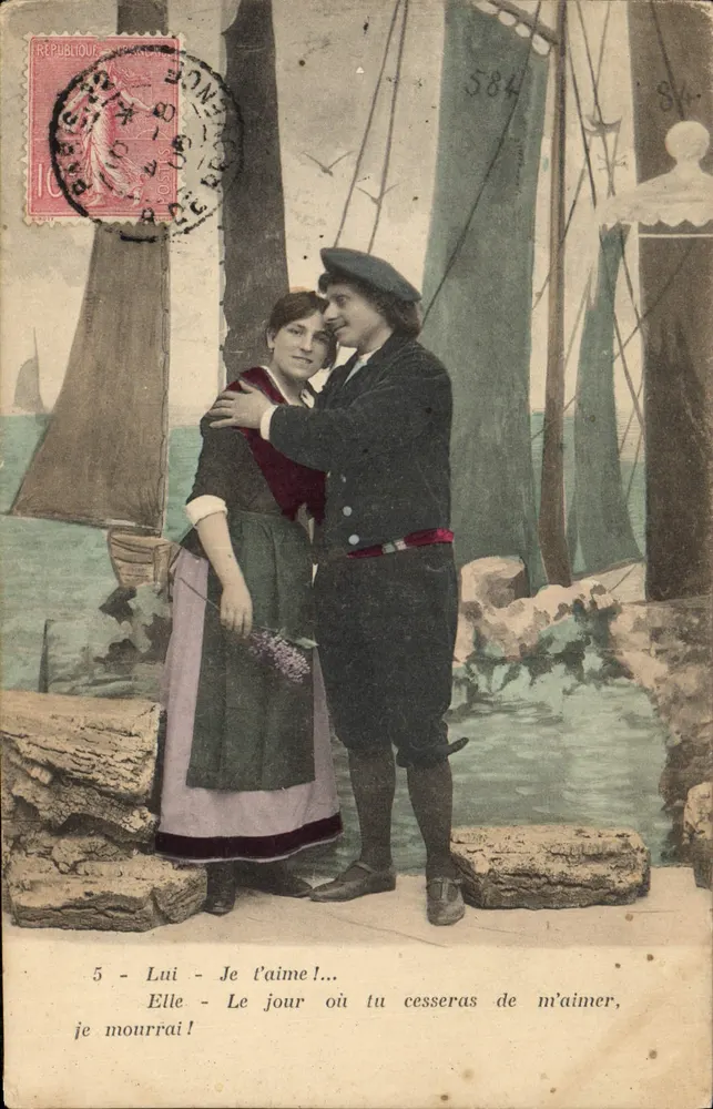 Liebe am Hafen — romantische Szene mit romantischem Text — unbekannter Verlag, Seriennummer 5 - Vorderseite