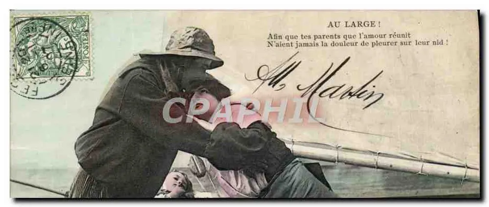 Vater, der sein Kind auf einem Boot umarmt — AU LARGE ! — Verlag nicht sichtbar - Vorderseite
