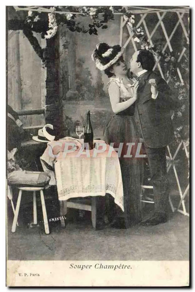 Ländliches Abendessen — Paar-Szene unter einer Rankengalerie — V. P. Paris, Verlag H. Manuel - Vorderseite