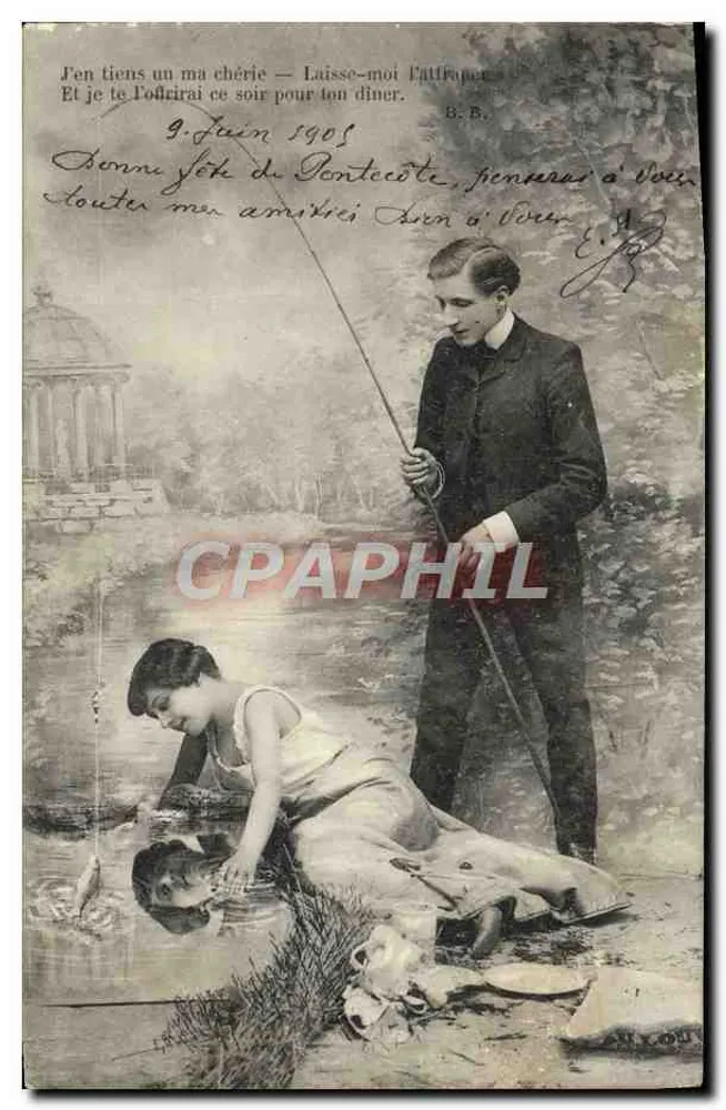 Fischer und Frau am Wasser — romantische Szene — Verlag ARLOU, Seriennummer nicht sichtbar - Vorderseite