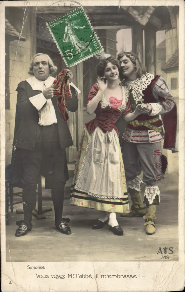 Scène de théâtre — trois personnages en costume d'époque — éditeur A&S n°749 - Vorderseite