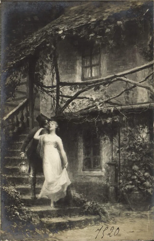 Ein Paar unter einem von Grünzeug überwucherten Vorbau — Nacht-Szene — Eugène Deully, Nr. 7520 - Vorderseite