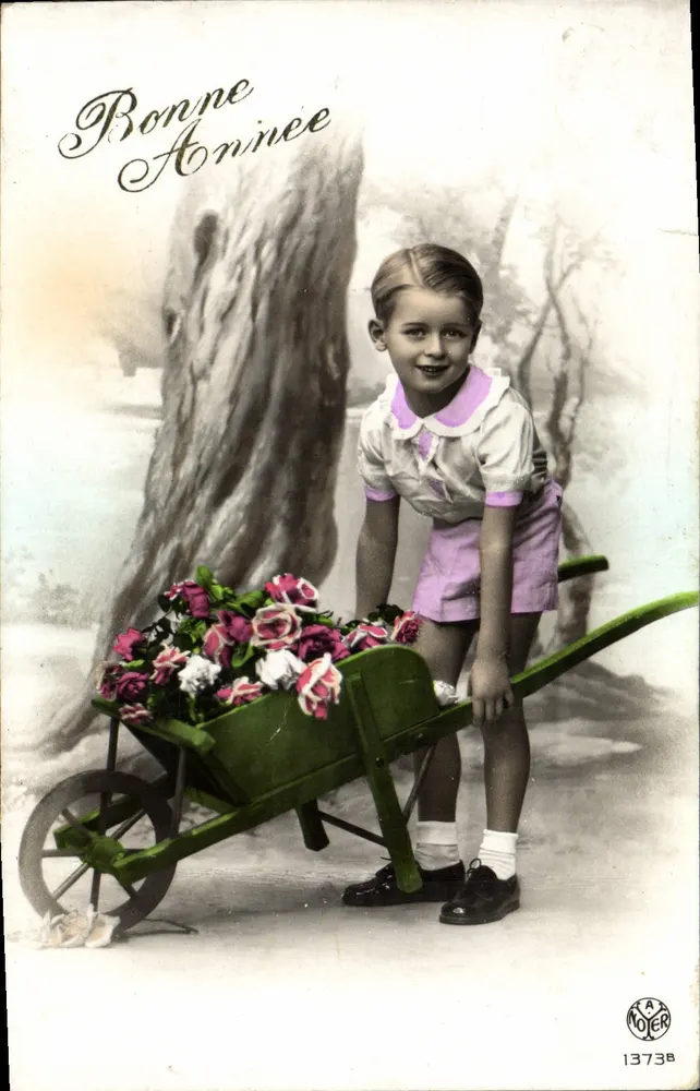 Enfant avec charrette de fleurs — scène de Noël — éditeur RAT NOJER n° 13738 - Vorderseite