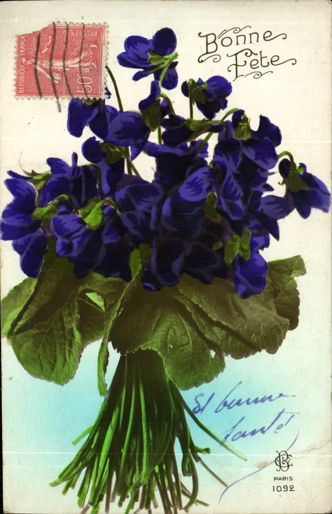 Bouquet de violettes — carte de vœux avec timbre 50c - Frente